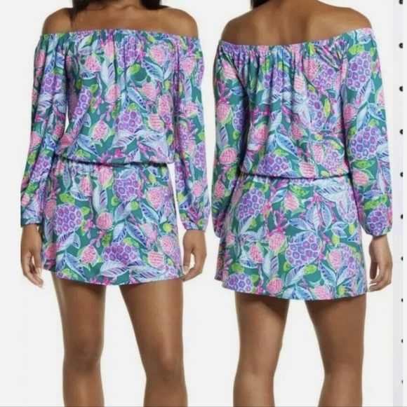 Lilly Pulitzer Lana Skort Romper Maldives Green Turtle Wave Off-Shoulder XXS - Picture 2 of 10